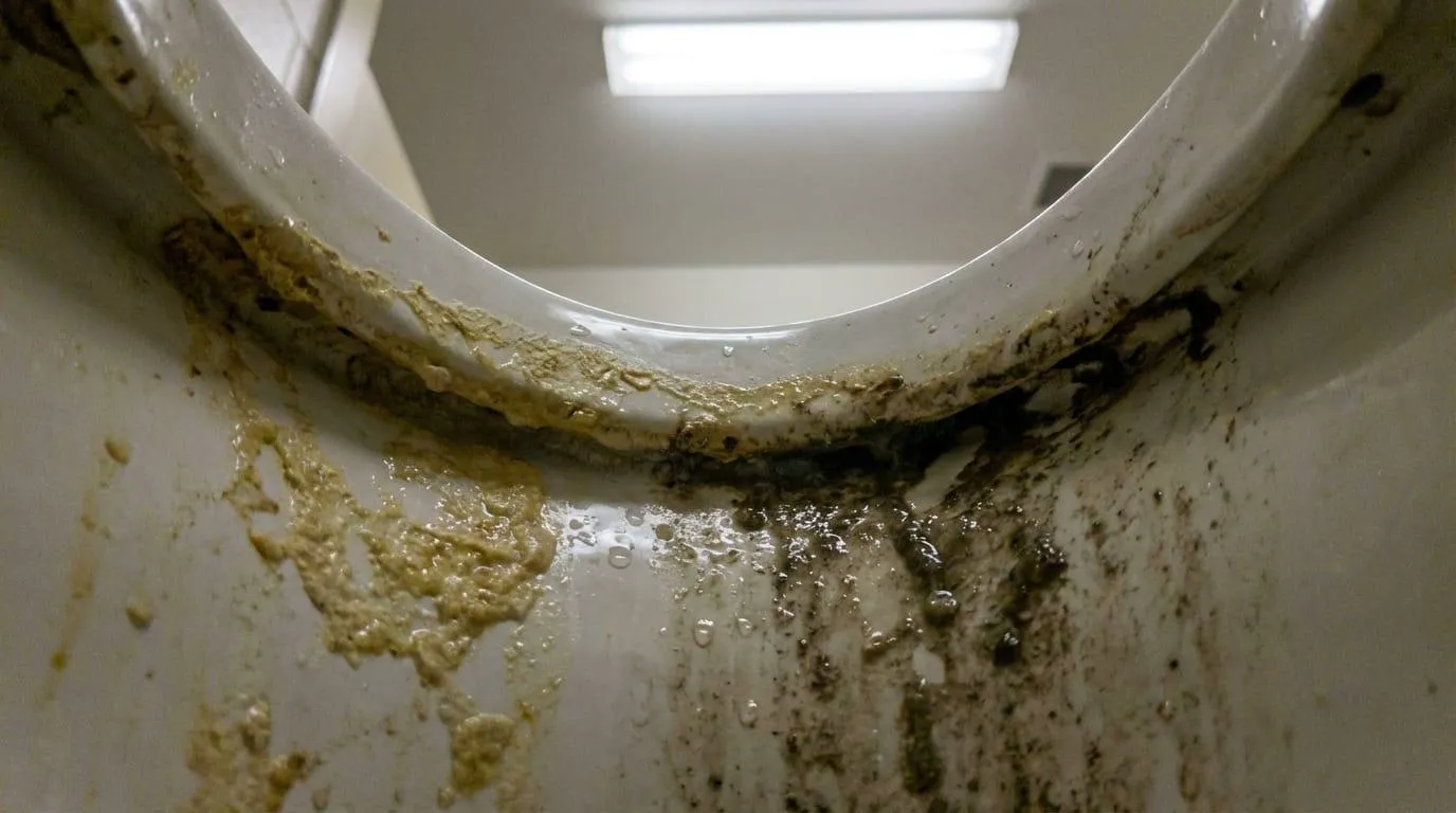 Primo piano: biofilm e depositi di calcare sotto il bordo del WC