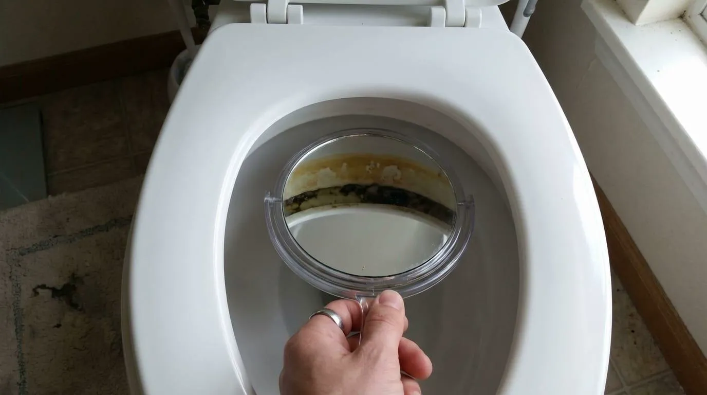 Uno specchietto mostra i depositi sotto il bordo del WC